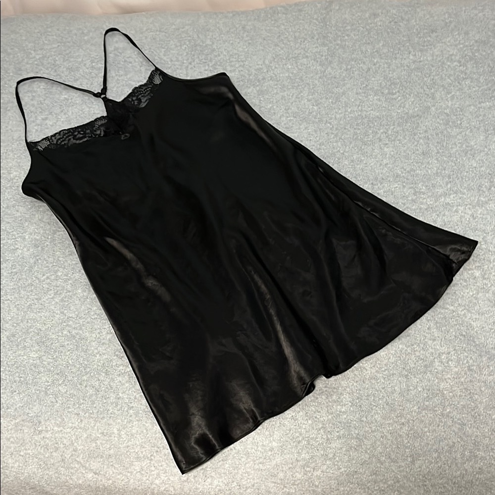 Black Slip Dress Lingerie Medium Black Whimsigoth Y2K Lace Silky Strap